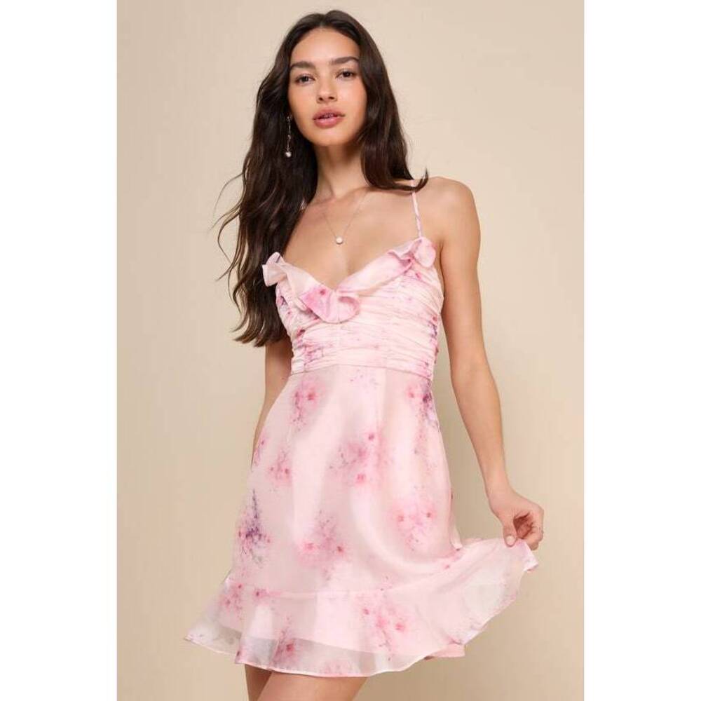 Lulus Flirty Perception Pink Floral Organza Ruched Ruffled Mini Dress - Size XS
